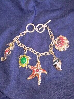 Silver-Tone Seashell & Marine Charm Bracelet with Red & Green Accents